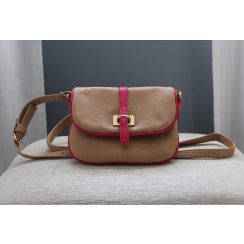 Tan Crossbody Bag with Pink and Gold details